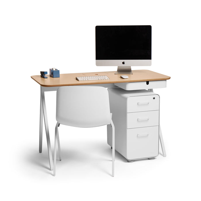 Modern minimalist home office with clean desk, computer, and white chair on white background. (Natural Oak)