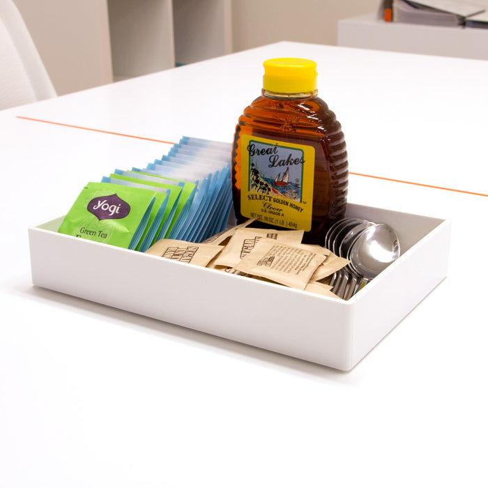 Office tea and honey station with various tea bags and honey bottle (White)