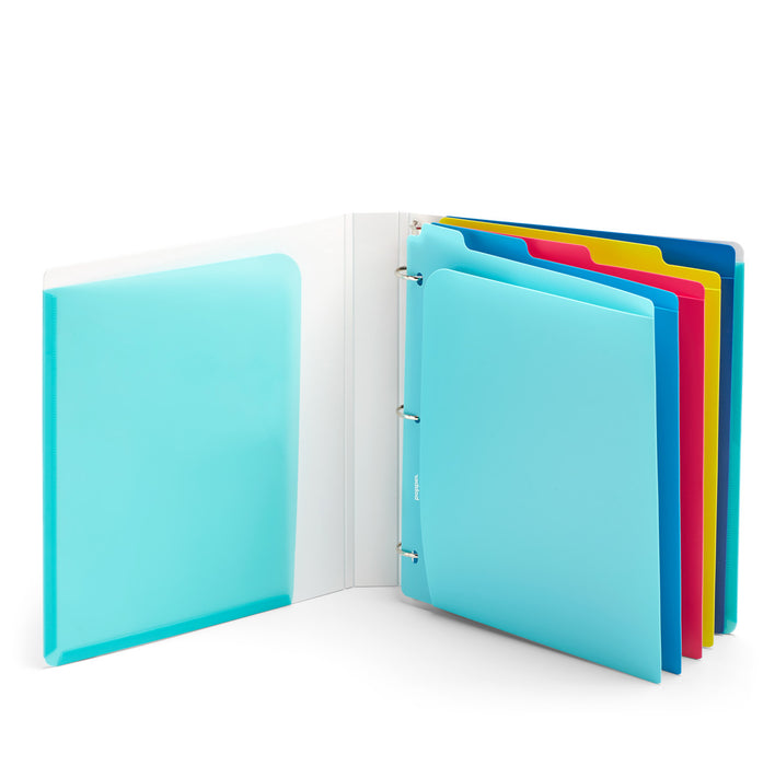 Colorful plastic folders in a white binder isolated on a white background. (Aqua)(Dark Gray)