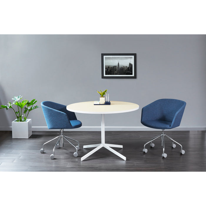 Modern office meeting area with round white table and blue chairs (White-42&quot;)