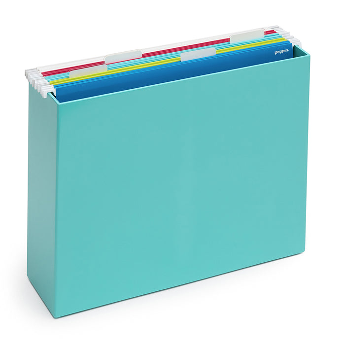 Turquoise desk organizer box with multicolored file dividers on white background. (White)(Aqua)