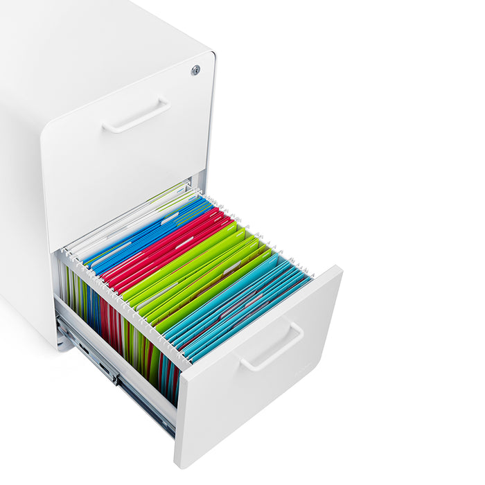 Open white file cabinet drawer with neatly organized colored folders on a white background (White-White)