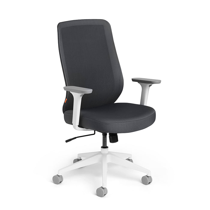Ergonomic office chair with adjustable armrests and white base on a white background. (Dark Gray-High Back)