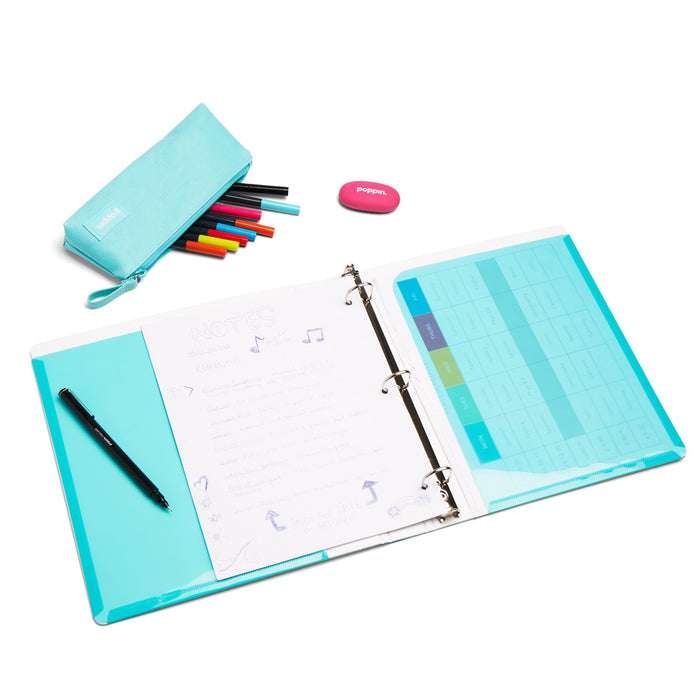 Open planner with notes and colorful pens on white background. (Aqua)