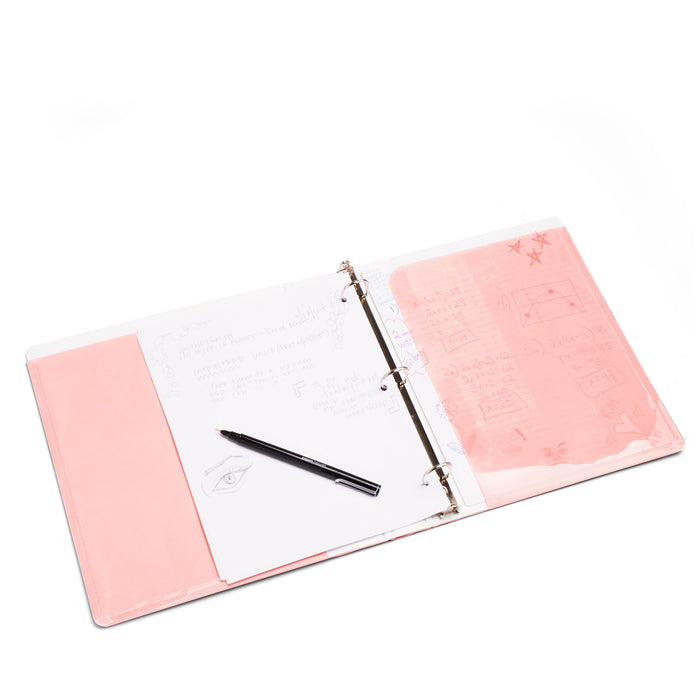Open pink planner with black pen and handwritten notes on white background. (Blush)