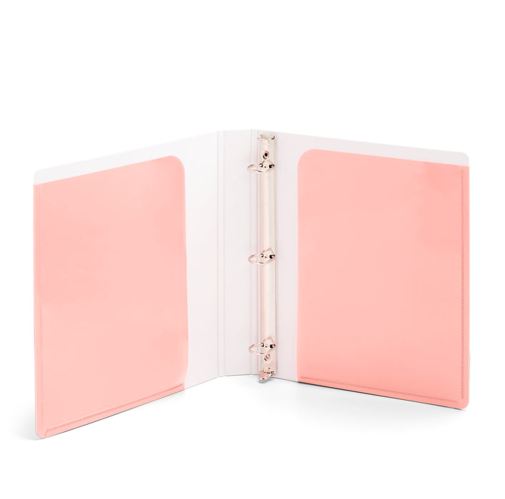 Pink three-ring binder open on white background (Blush)