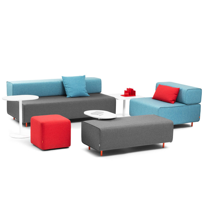 Modern living room furniture layout with colorful sofas and accent pillows, coffee table, and (19&quot;)