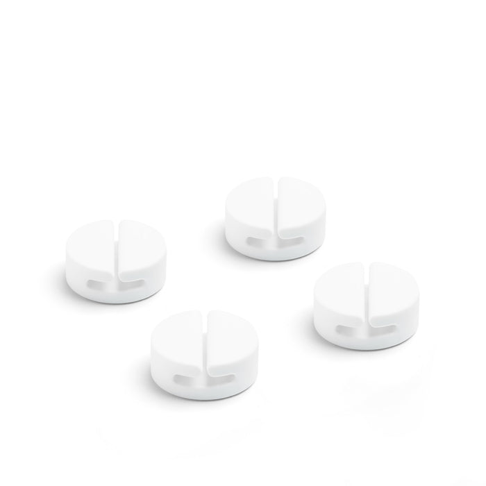 Four white cable management clips on a white background (White)