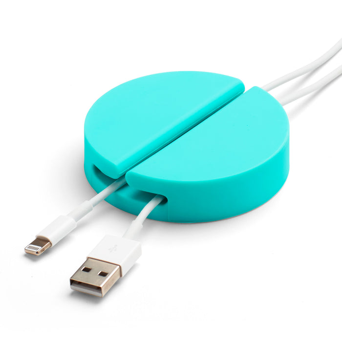 Turquoise cable organizer with white USB and Lightning cables on white background. (White)(Aqua)