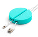 Turquoise cable organizer with white USB and Lightning cables on white background. (White)(Aqua)