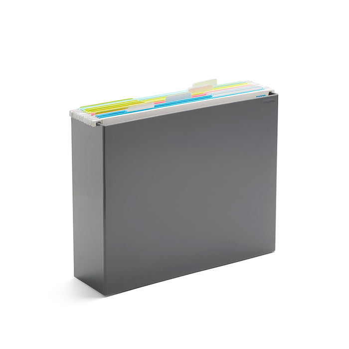 Hanging file folder with tabs on white background for office organization. (Dark Gray)