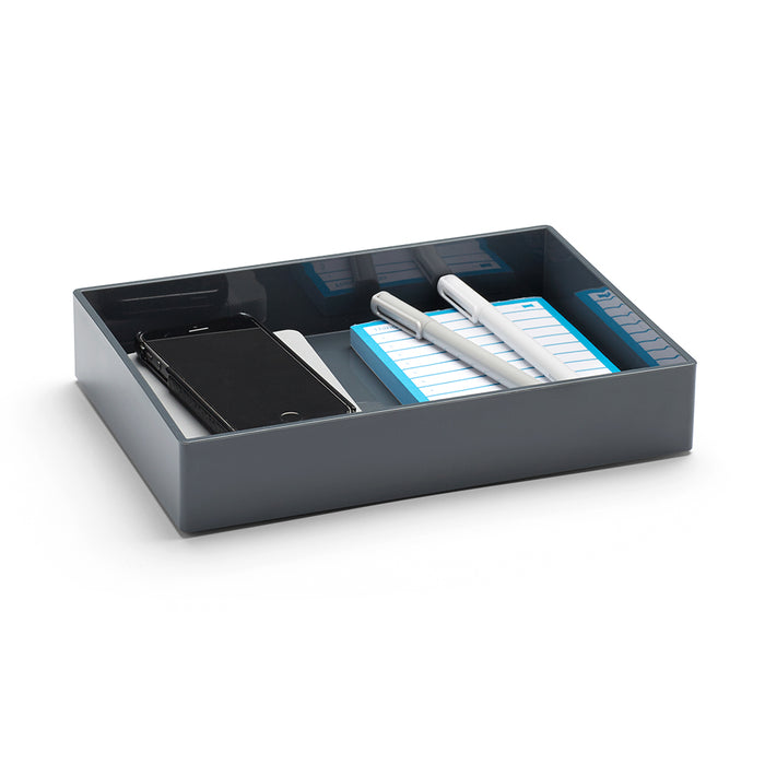 Black desk organizer with smartphone, pens, and notebooks on white background. (Dark Gray)