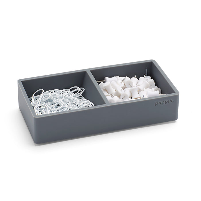 Gray desk organizer with white paper clips and binder clips on white background. (Dark Gray)