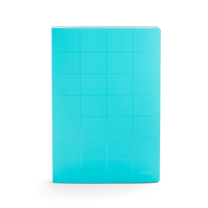 Bright blue notebook with grid design on white background. (Aqua)