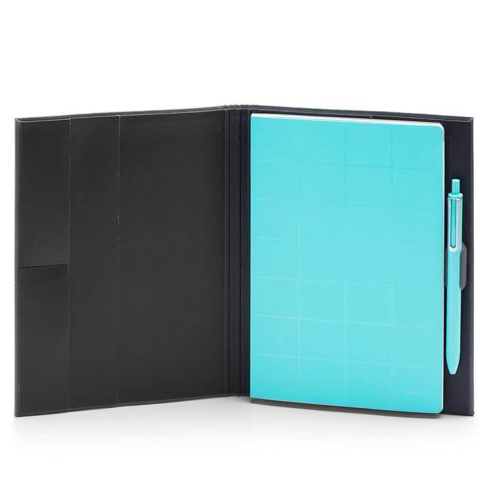 Black leather folder with blue notebook and pen isolated on white background. (Aqua)