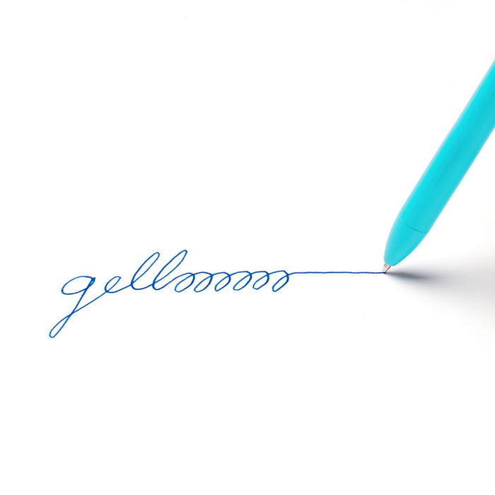 Blue pen writing the word "hello" with extended letter o on white paper background (Aqua-Blue)