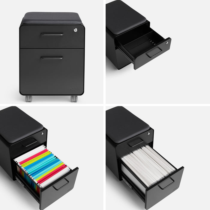 Black filing cabinet with multiple drawers open showing colorful folders and documents. (Black-Black)