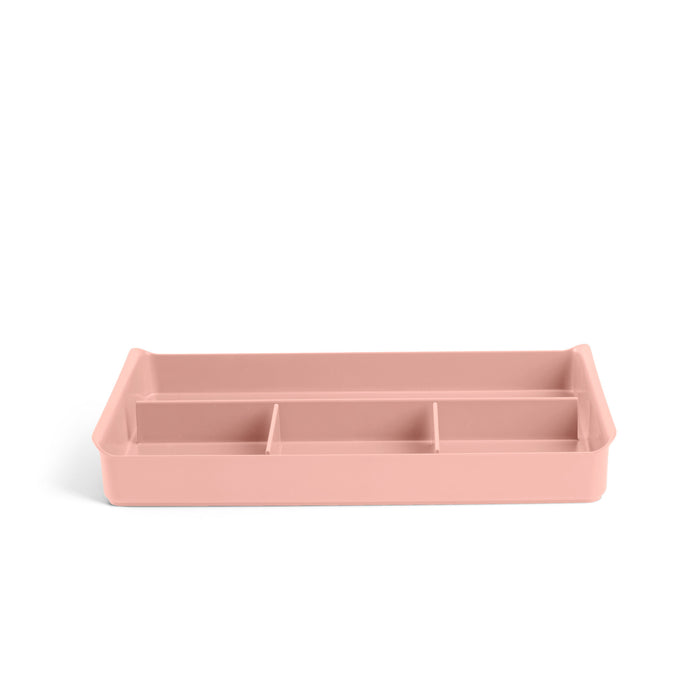 Pink desk organizer tray with three compartments on a white background. (Blush)