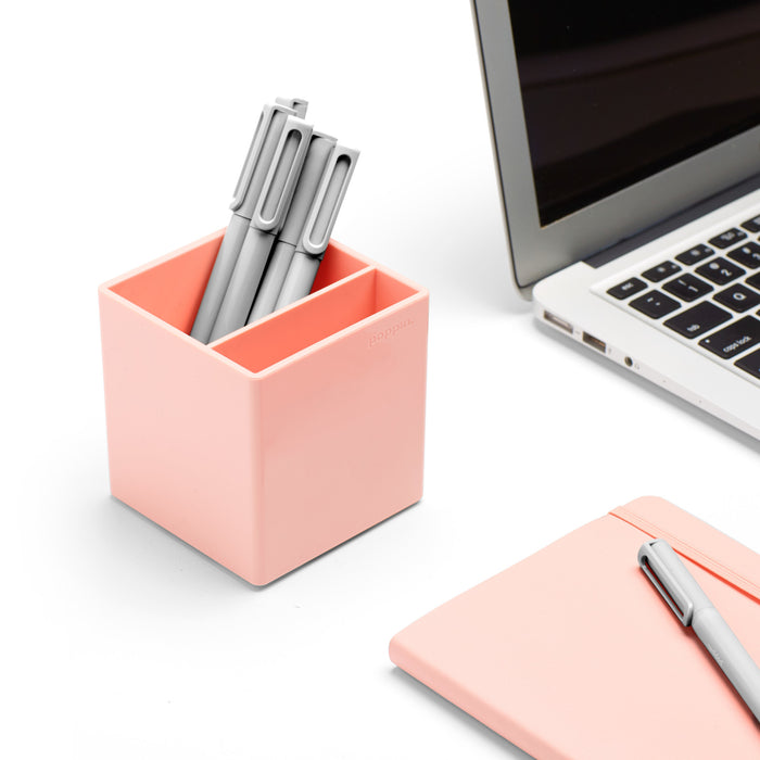 "Modern workspace with coral pen holder, silver pens, laptop, and coral notebook (Blush)