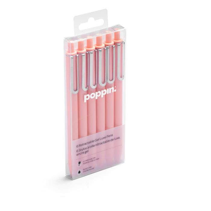 Pack of six pink Poppin gel pens in clear packaging on a white background (Blush-Black)