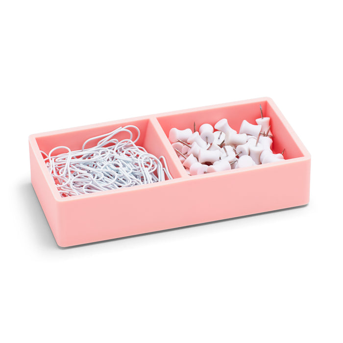 Pink organizer tray with tangled earbuds on a white background (Blush)