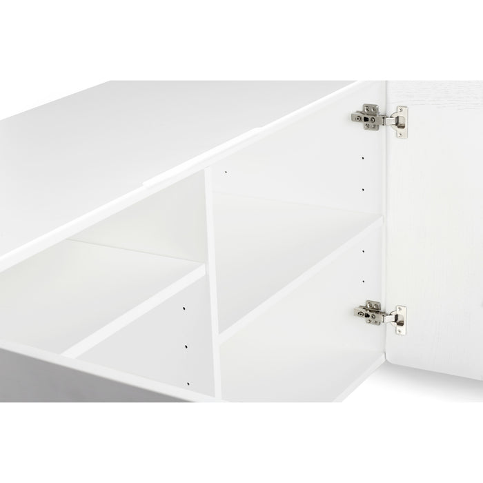 White open corner cabinet with shelves and hinges on white background. (White)