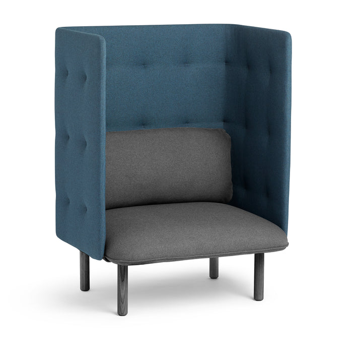 High-back blue privacy chair with grey cushion on white background. (Dark Gray-Dark Blue)
