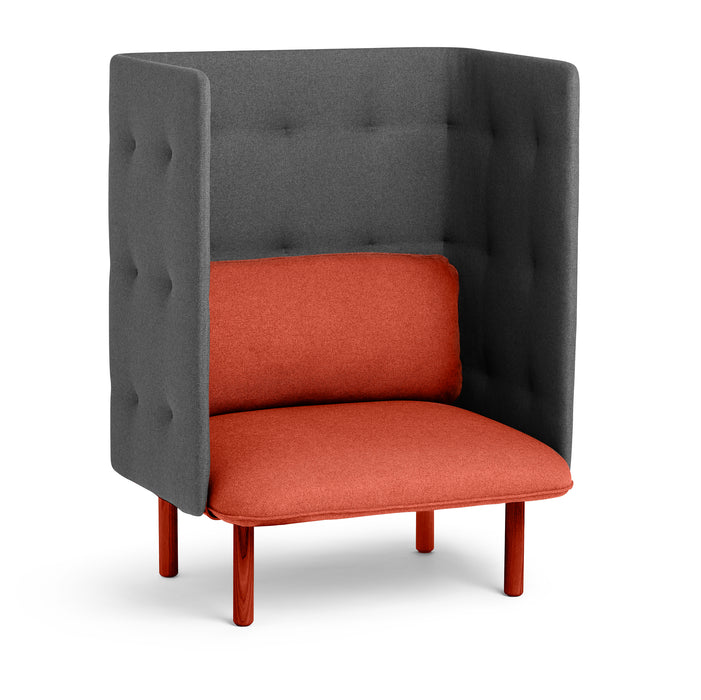 High-backed gray privacy armchair with red cushions and wooden legs on a white background. (Brick-Dark Gray)