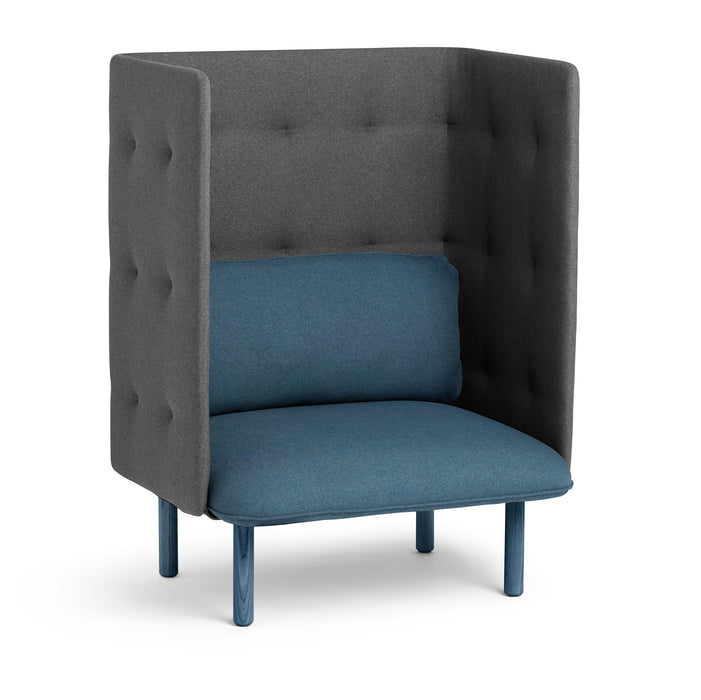 High-back privacy chair in blue and gray with modern design on white background. (Dark Blue-Dark Gray)