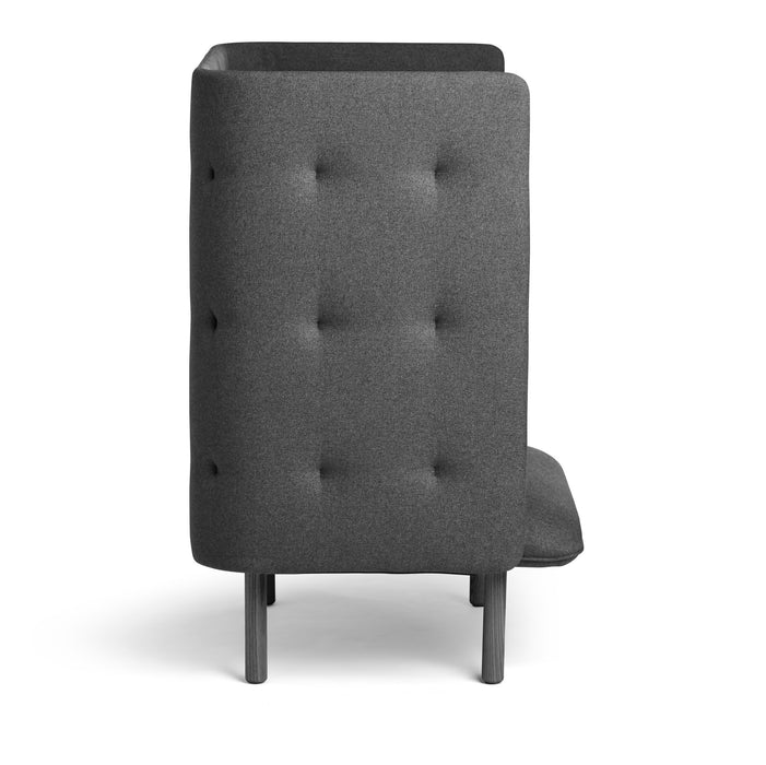 High-back grey fabric dining chair with tufted details on white background. (Brick-Dark Gray)(Dark Blue-Dark Gray)(Dark Gray-Dark Gray)(Gray-Dark Gray)(Teal-Dark Gray)