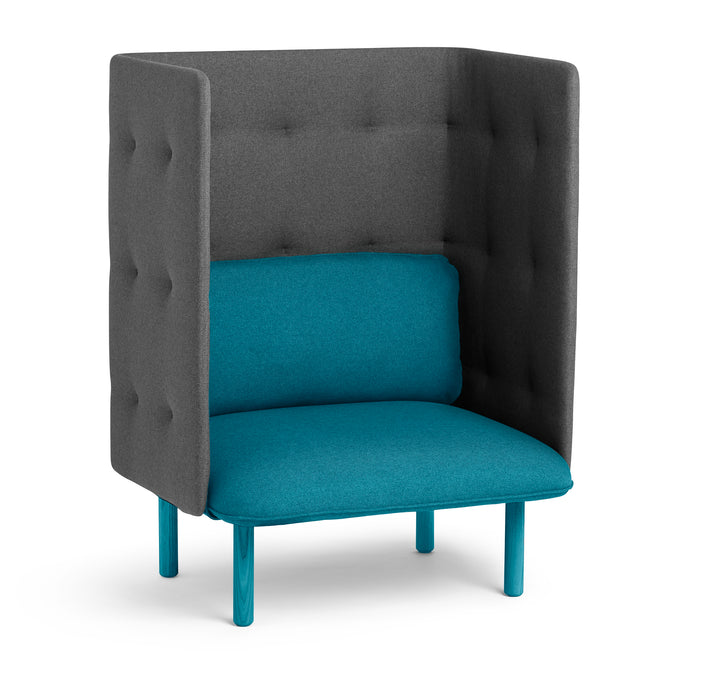 High-backed turquoise and grey modern privacy chair on white background. (Teal-Dark Gray)