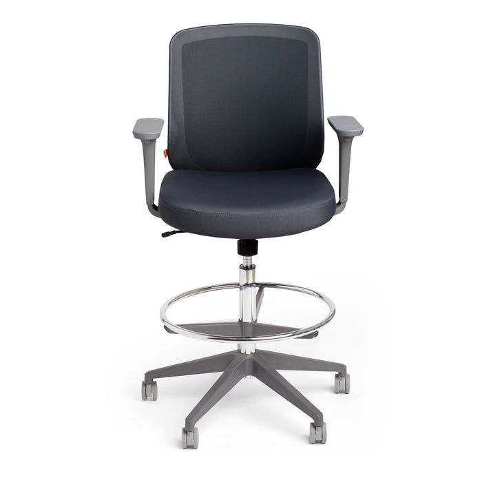 Ergonomic black office chair with adjustable arms and chrome base on white background. (Dark Gray)