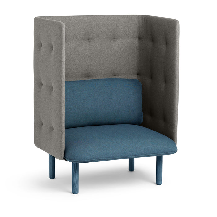 High-back privacy chair in gray with blue cushions and black legs (Dark Blue-Gray)