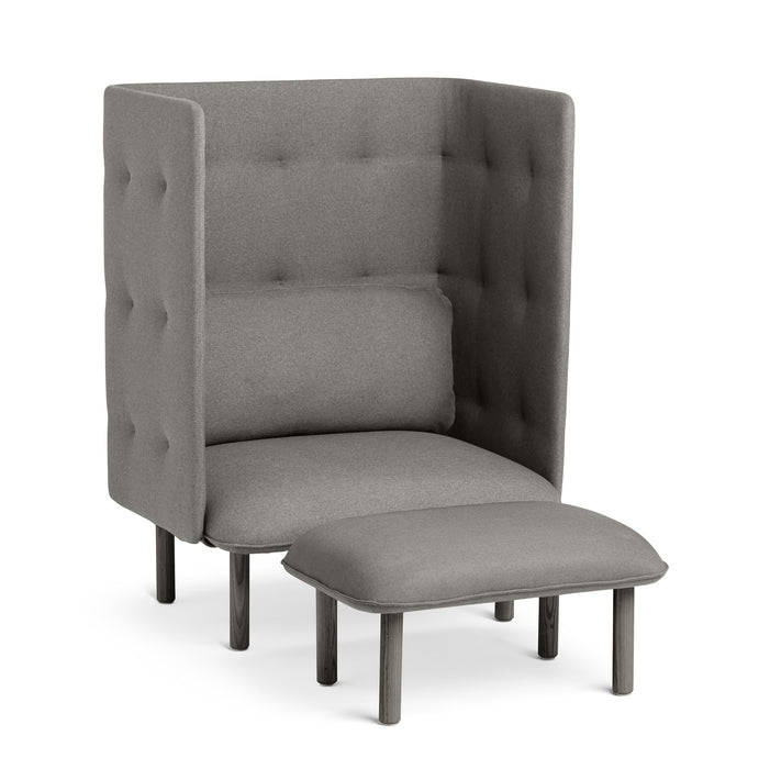 High-back grey upholstered chair with matching ottoman on a white background. (Brick-Gray)(Dark Blue-Gray)(Dark Gray-Gray)(Gray-Gray)