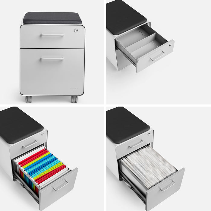 Modern white filing cabinet with open drawers displaying colorful folders and documents. (Light Gray-White)