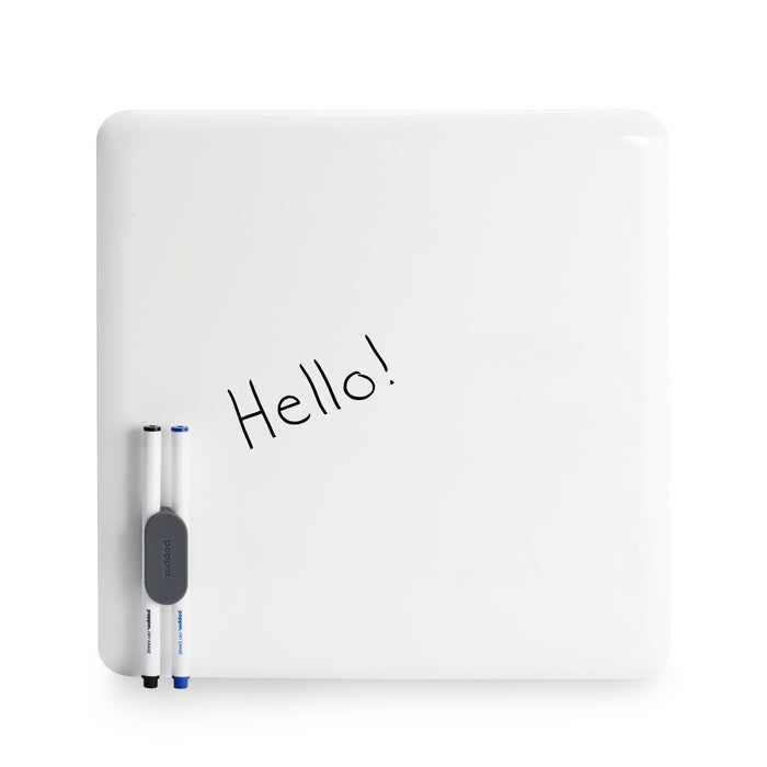 Whiteboard with "Hello!" written on it and a blue marker attached on the side. 