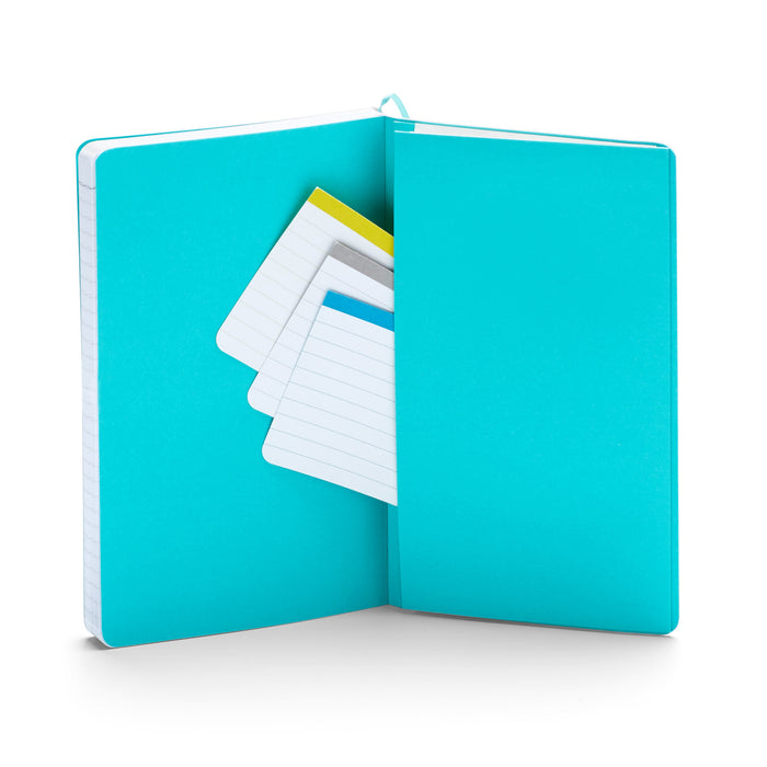Open turquoise notebook with blank pages and sticky notes on white background. (Aqua)