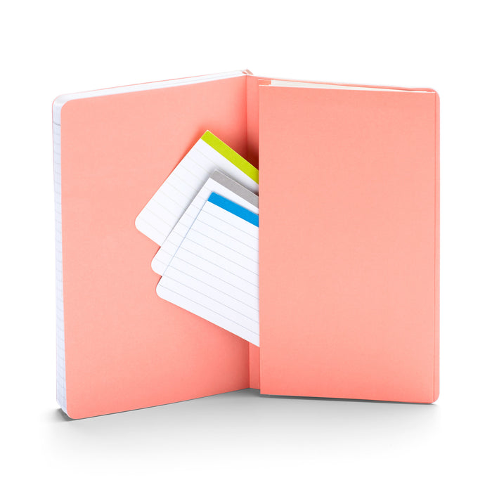 Open pink folder with multi-colored index tabs on white background. (Blush)