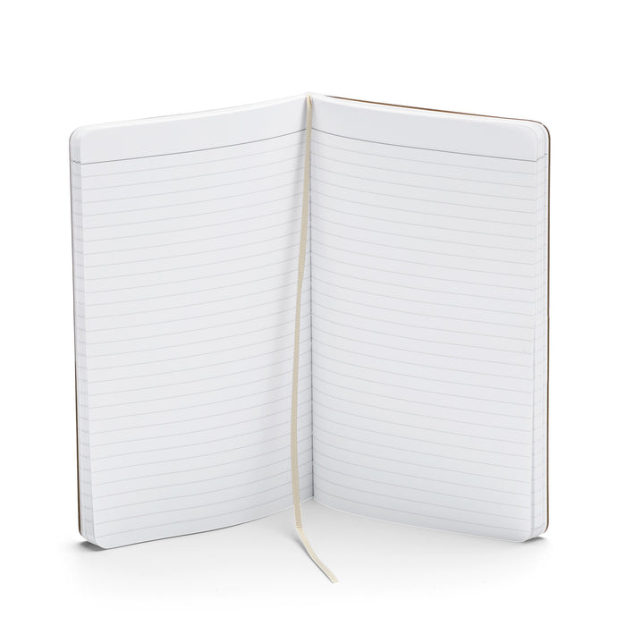 Open blank lined notebook with white cover on a clean background. (Gold)
