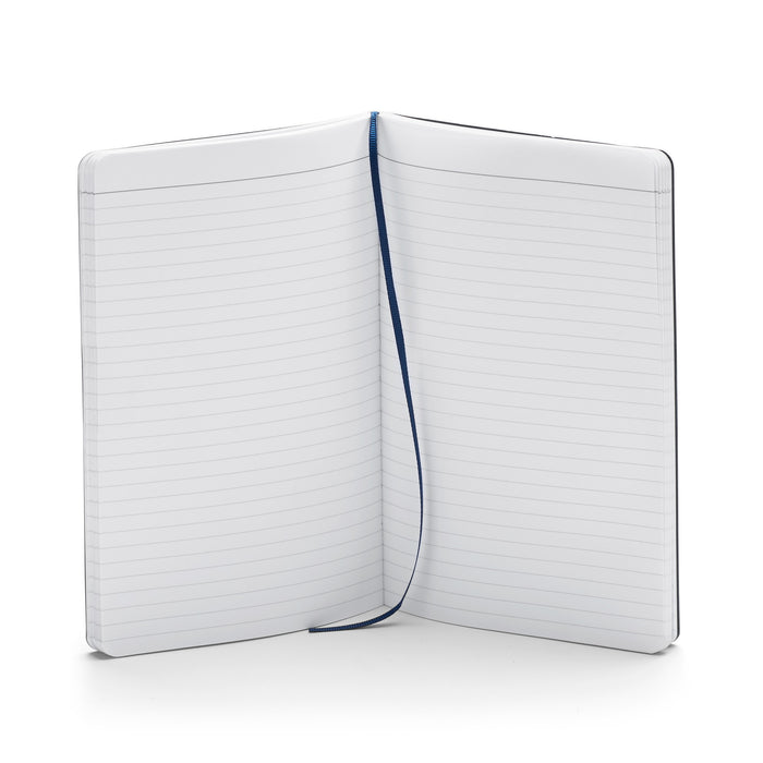 Open blank notebook with blue bookmark on white background (Navy)