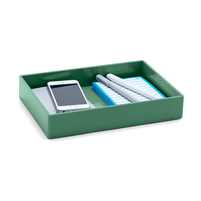 Green desk organizer tray with smartphone and pens on white background. (Sage)