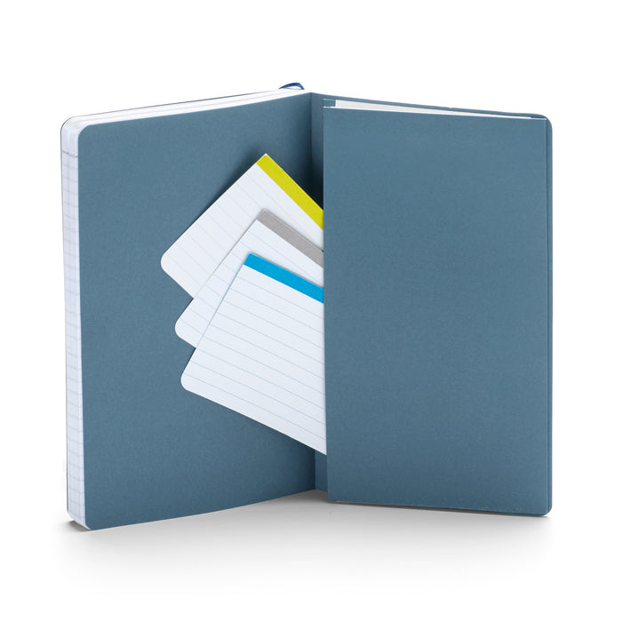 Open notebook with blank pages and colorful sticky notes on white background. (Slate Blue)