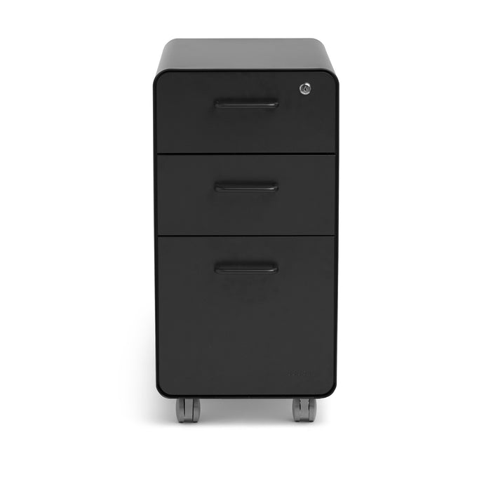 Black modern office filing cabinet with three drawers isolated on white background. (Black)