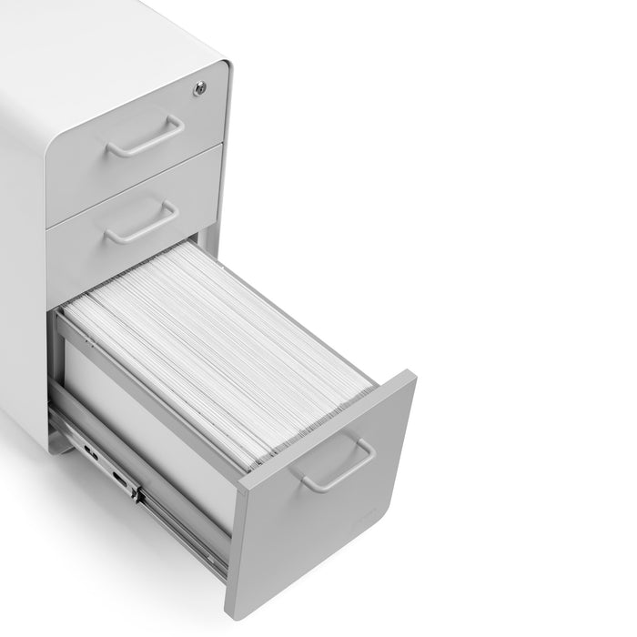 Open file cabinet drawer with neatly arranged documents on a white background. (Light Gray)