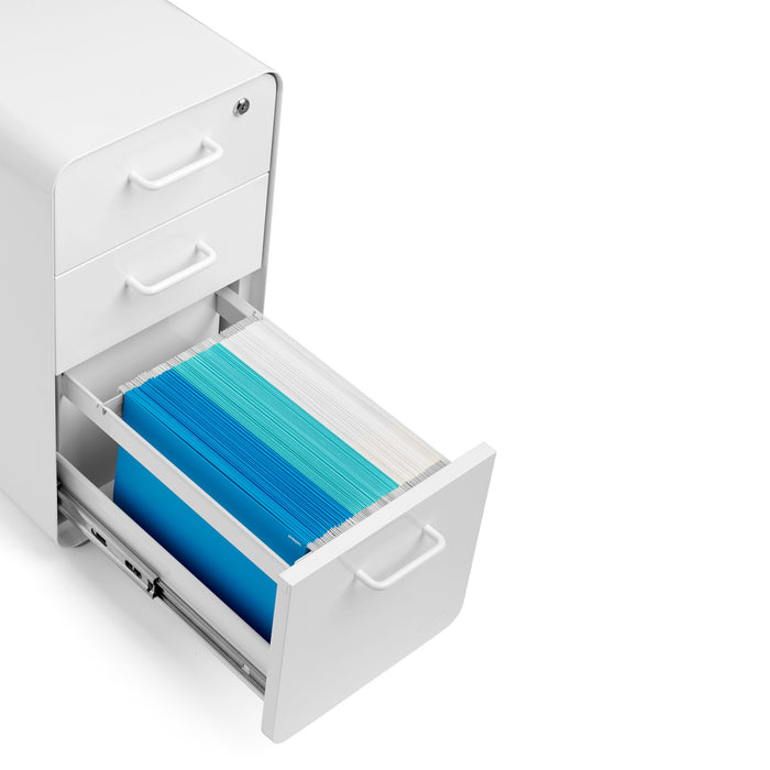 Open white filing cabinet with blue hanging folders on a white background. (White)