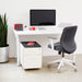 Modern home office setup with white desk, ergonomic chair, and desktop computer. (White-White)