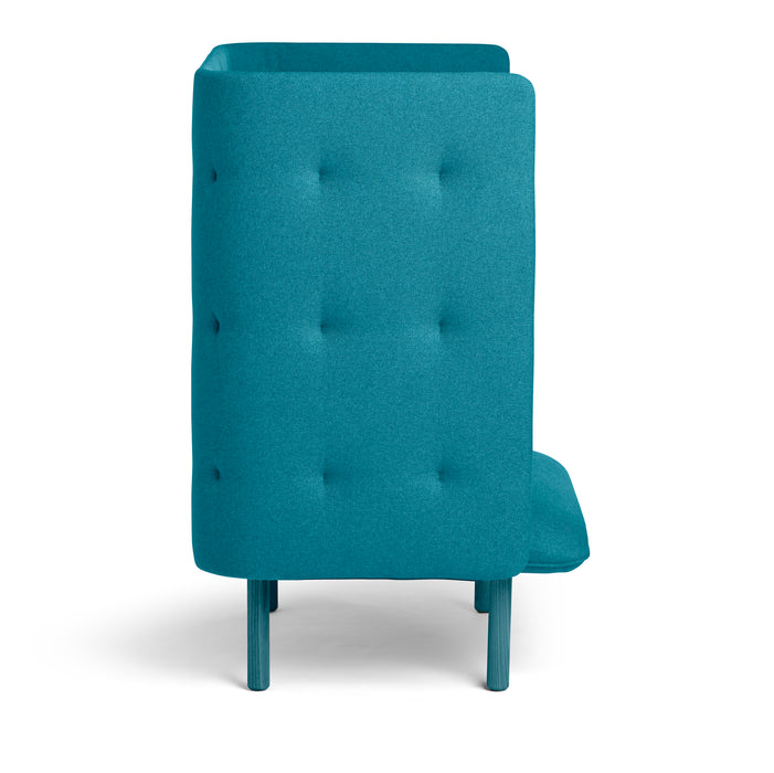 Blue upholstered high-back dining chair with tufted design on white background. (Dark Gray-Teal)(Teal-Teal)