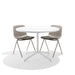Modern white round table with two grey chairs on a white background. (Warm Gray)