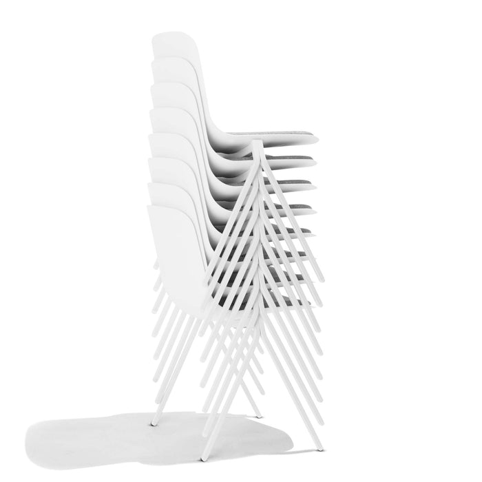 Stack of modern white chairs on white background with unique design. (White)