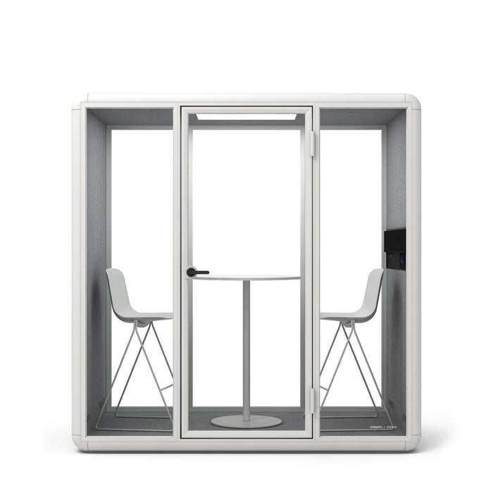 Modern office pod with glass door and chairs isolated on white background. (White)
